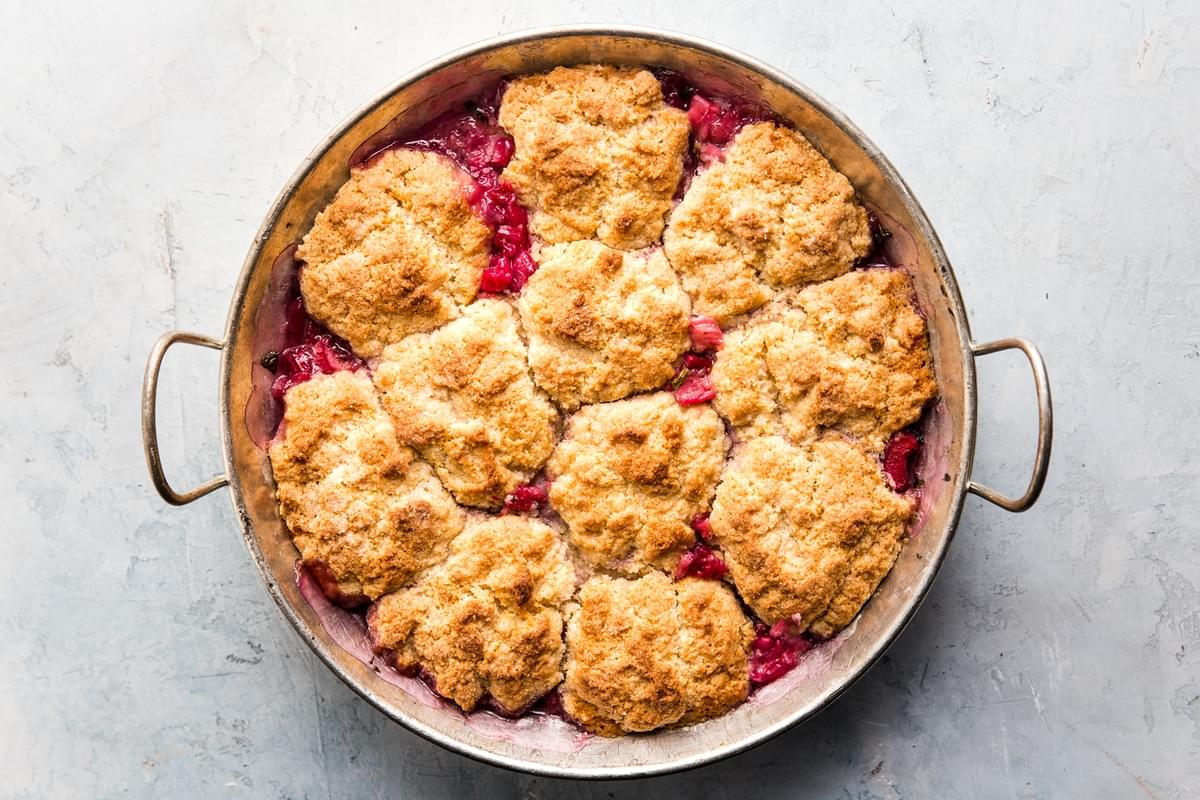 rhubarb cobbler with mint in a large round skillet