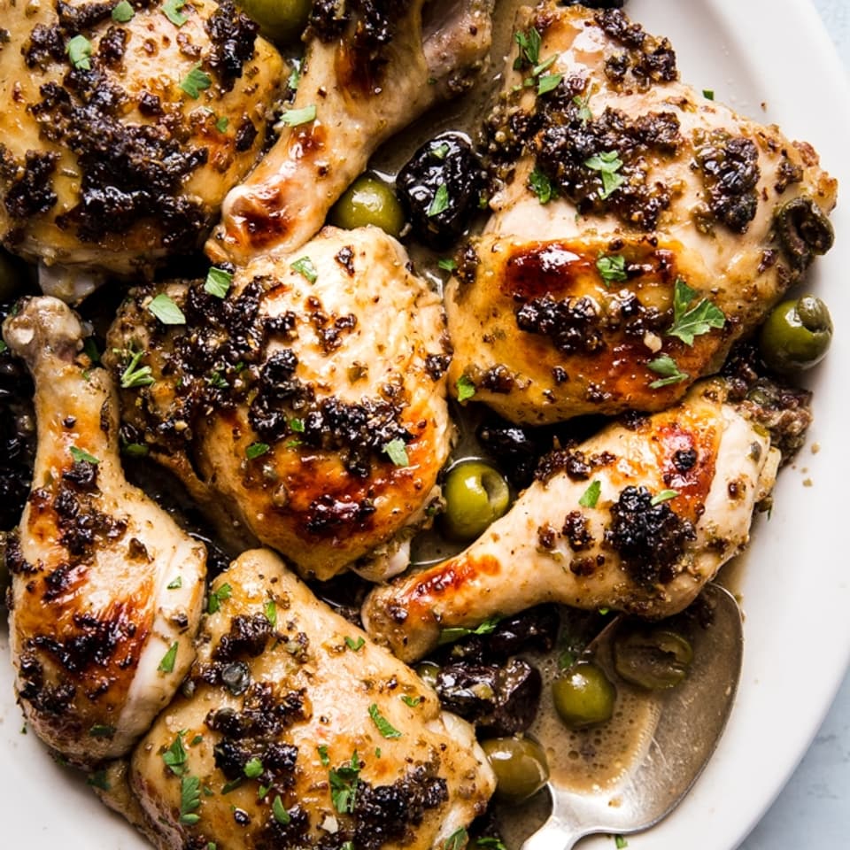 chicken marbella on a white platter with olives and dates