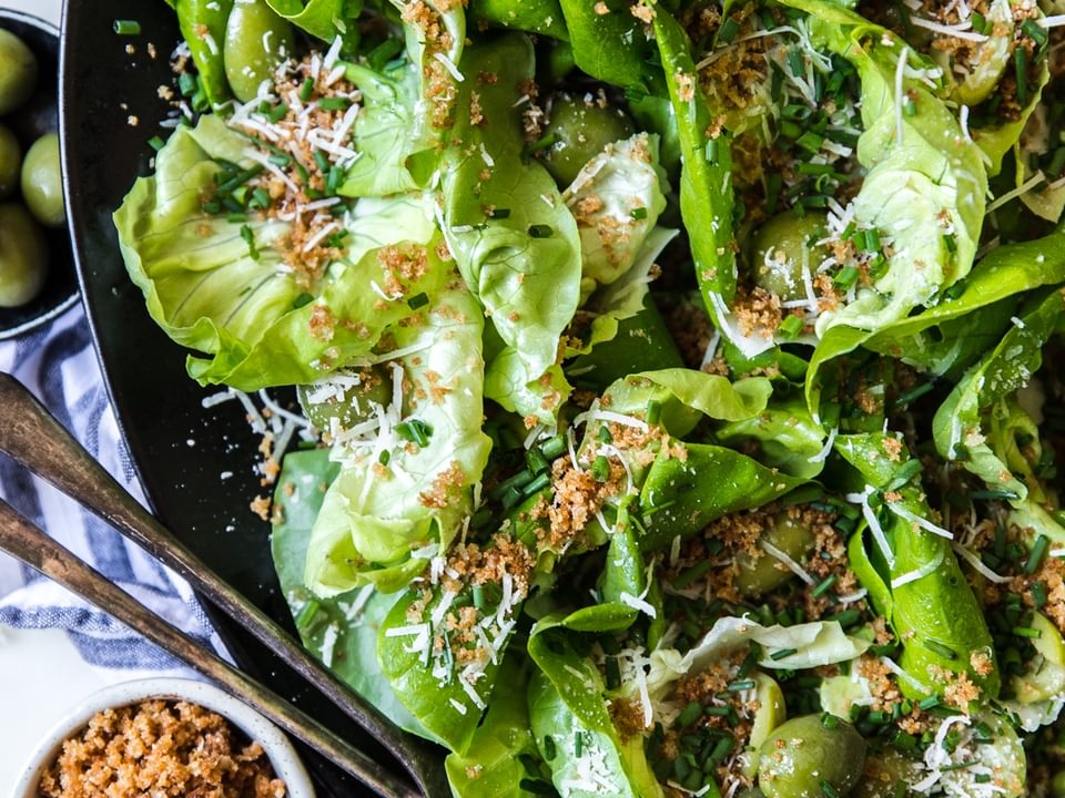 Butter lettuce Salad with manchego cheese, green olives and panko bread crumbs on a plater