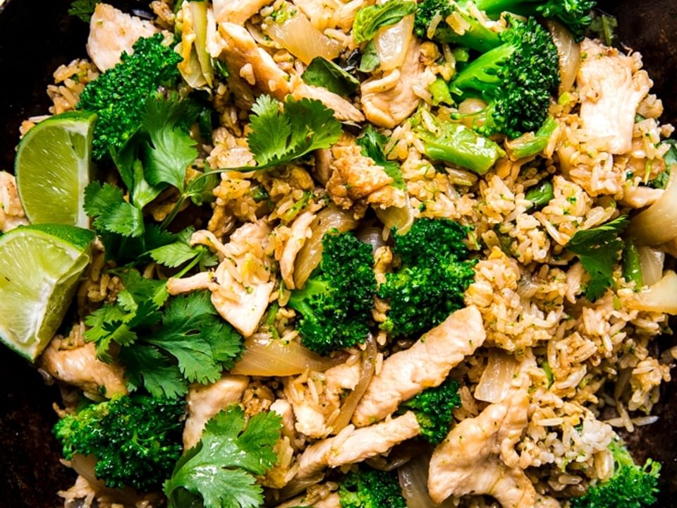 Thai Fried Rice with Basil and chicken lime and cilantro