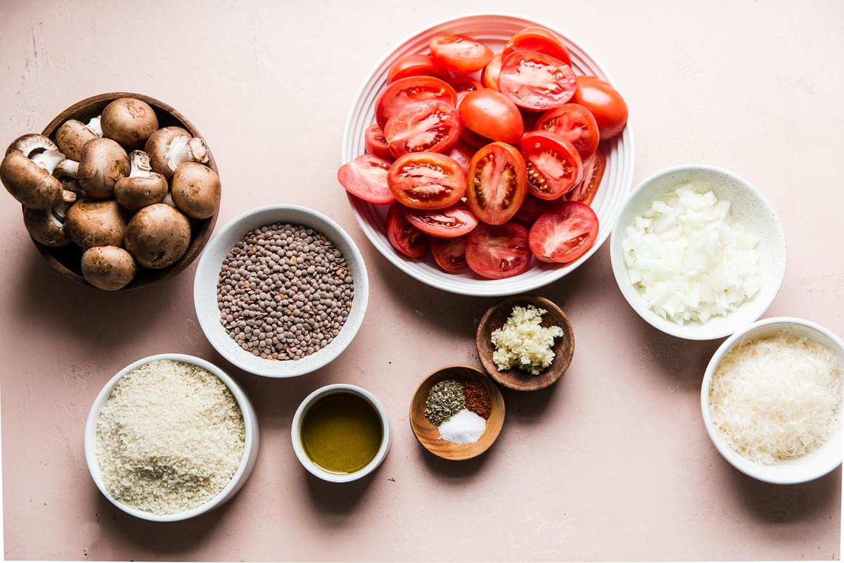 ingredients for vegetarian meatballs with pasta in small bowls