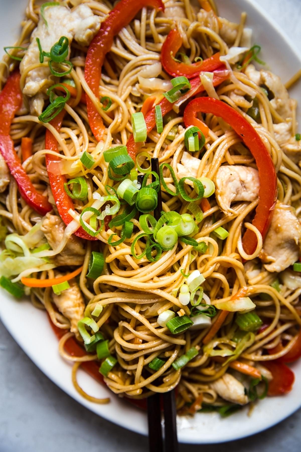 homemade chicken chow mein with bell peppers, celery, carrots on a serving plate