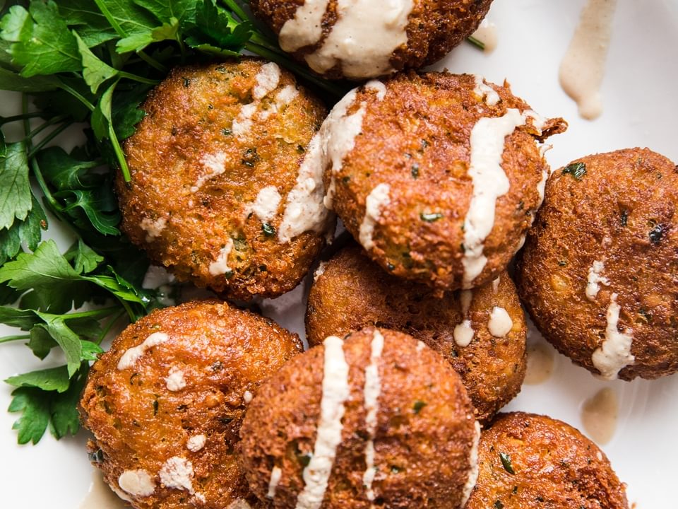 homemade falafel on a white platter drizzled with tahini sauce