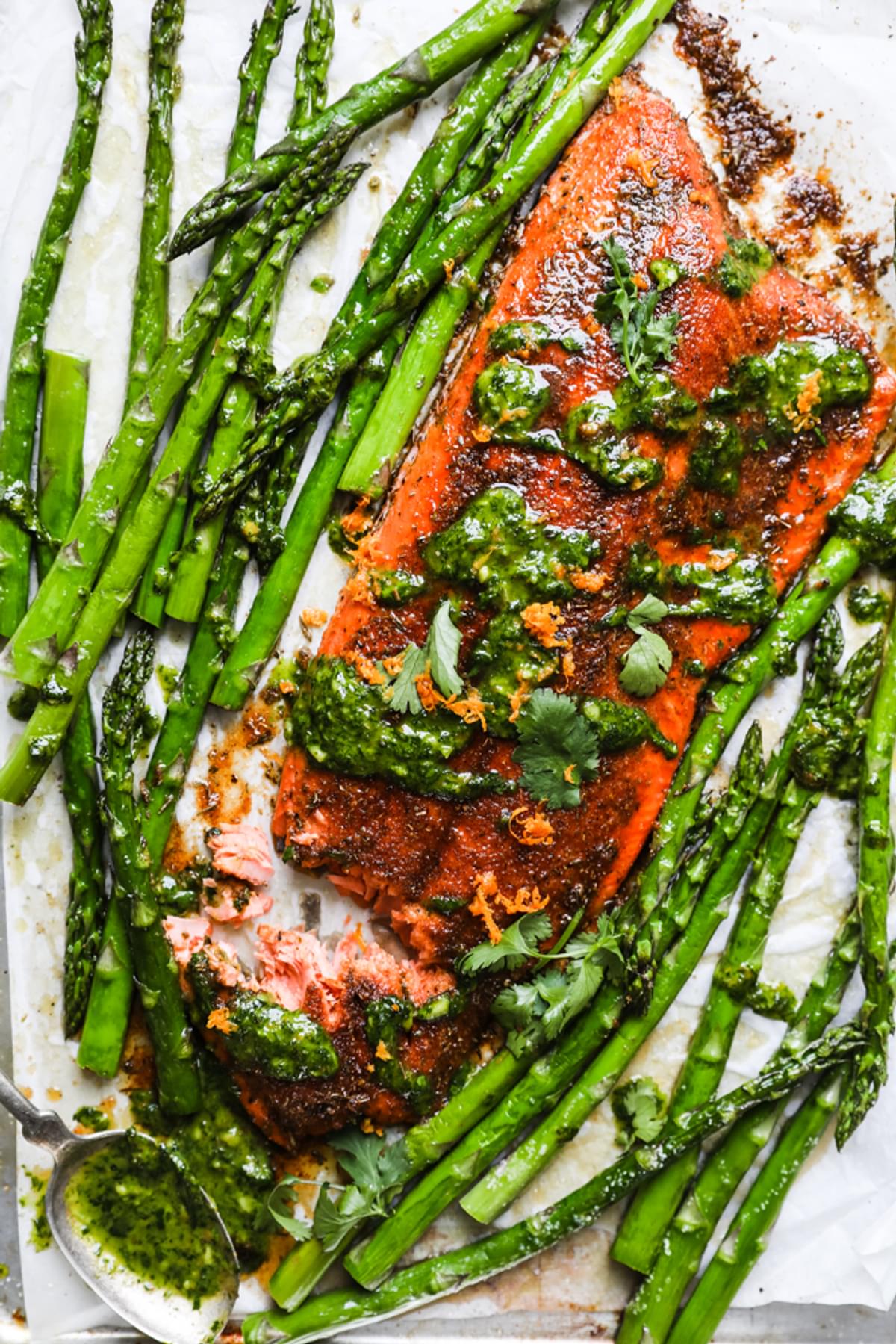 Blackened Salmon Sheet Pan Dinner with asparagus and cilantro ginger sauce