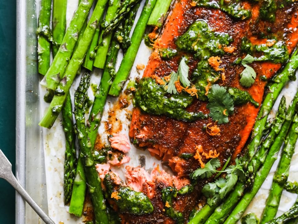 Blackened Salmon Sheet Pan with Asparagus and Ginger Cilantro Sauce