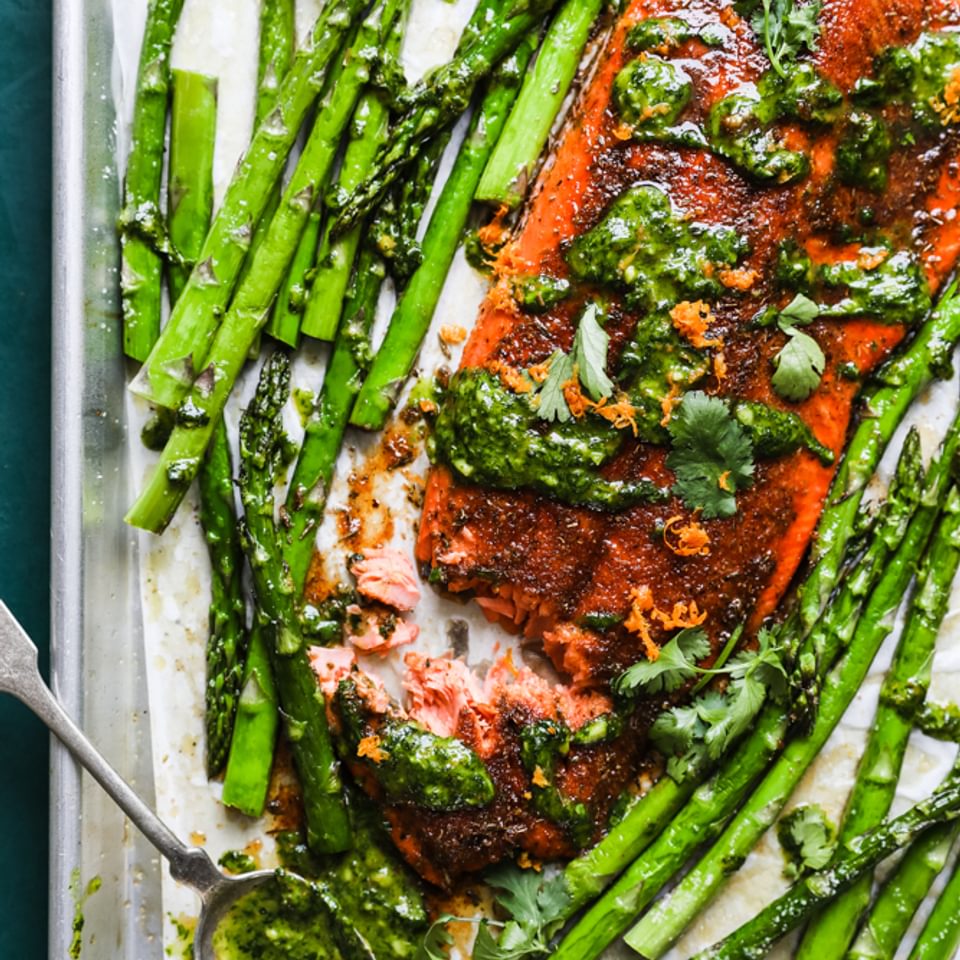 Blackened Salmon Sheet Pan with Asparagus and Ginger Cilantro Sauce