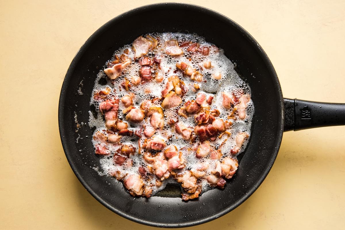chopped bacon frying in a skillet
