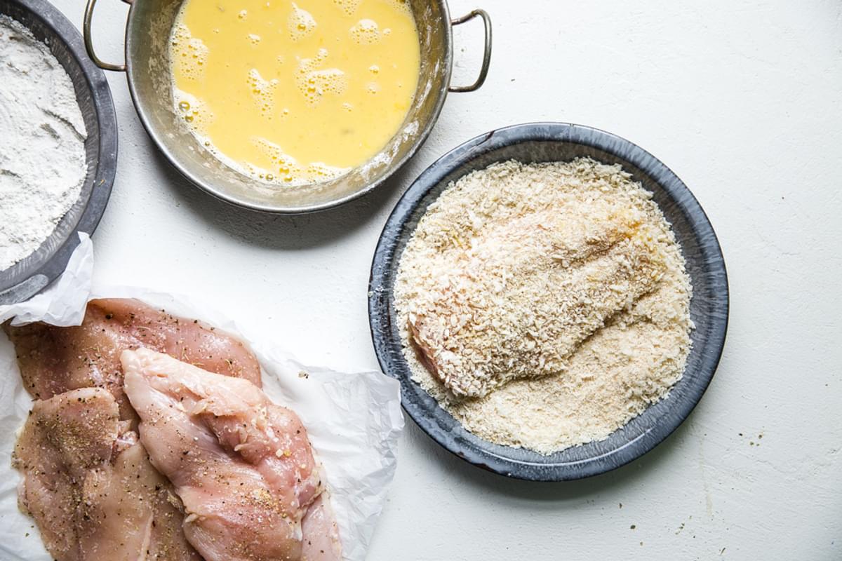 eggs beaten, flour, panko and bread crumbs, and chicken breasts with salt and pepper