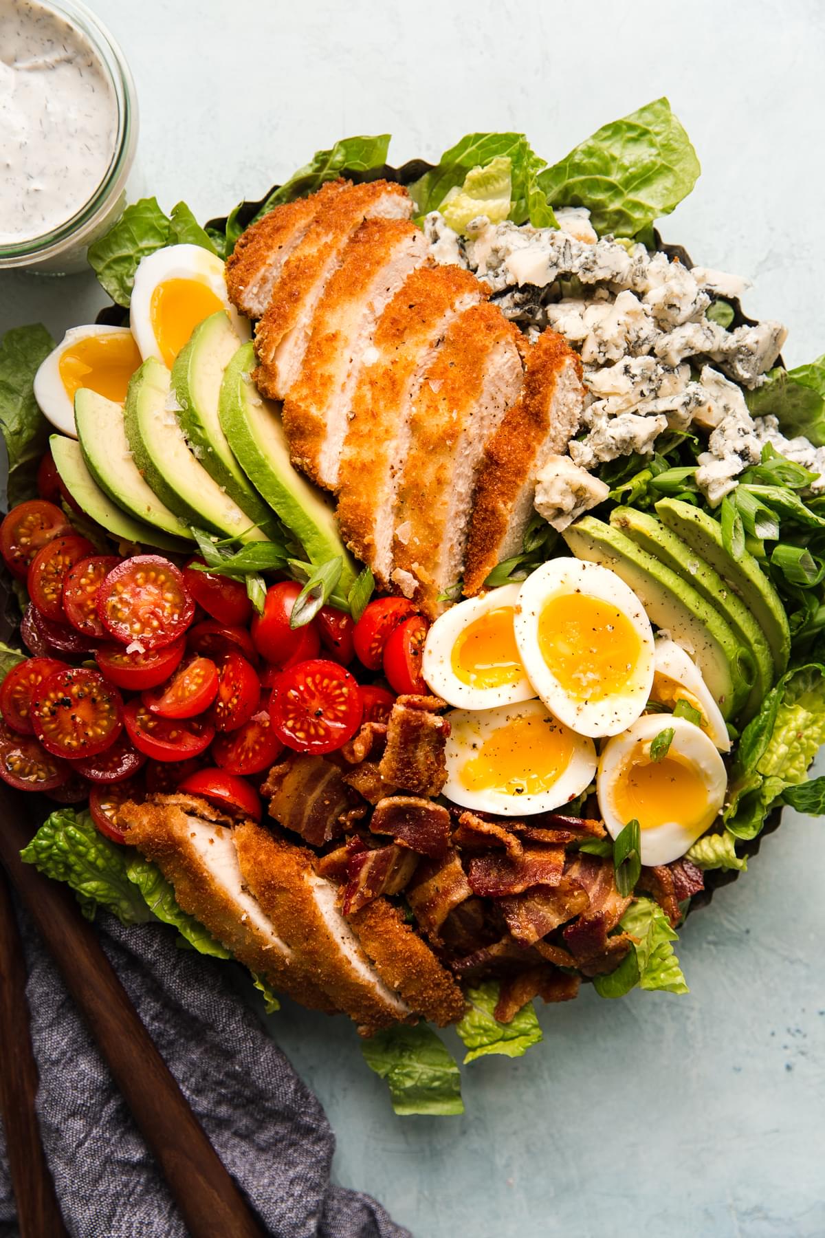 Cobb Salad with Crispy Panko Chicken, blue cheese and buttermilk ranch dressing