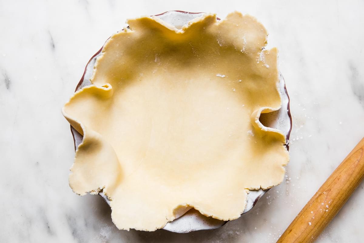 homemade easy all-butter pie crust rolled out and placed in a pie pan