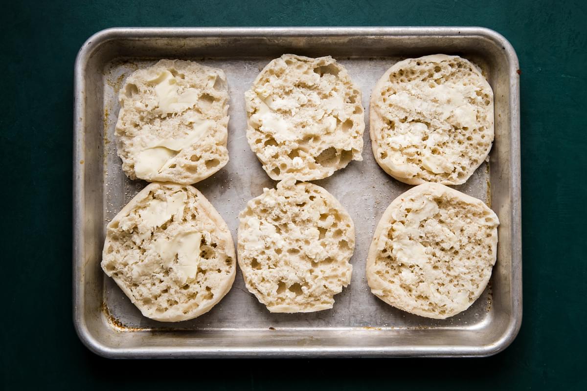 english muffins on a baking sheet