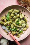Sheet Pan Gnocchi with Roasted Broccoli Pesto in a bowl