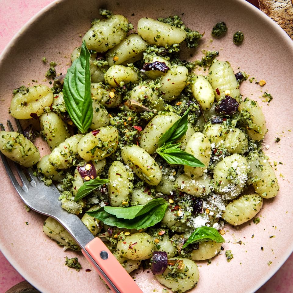 Sheet Pan Gnocchi with Roasted Broccoli Pesto in a bowl