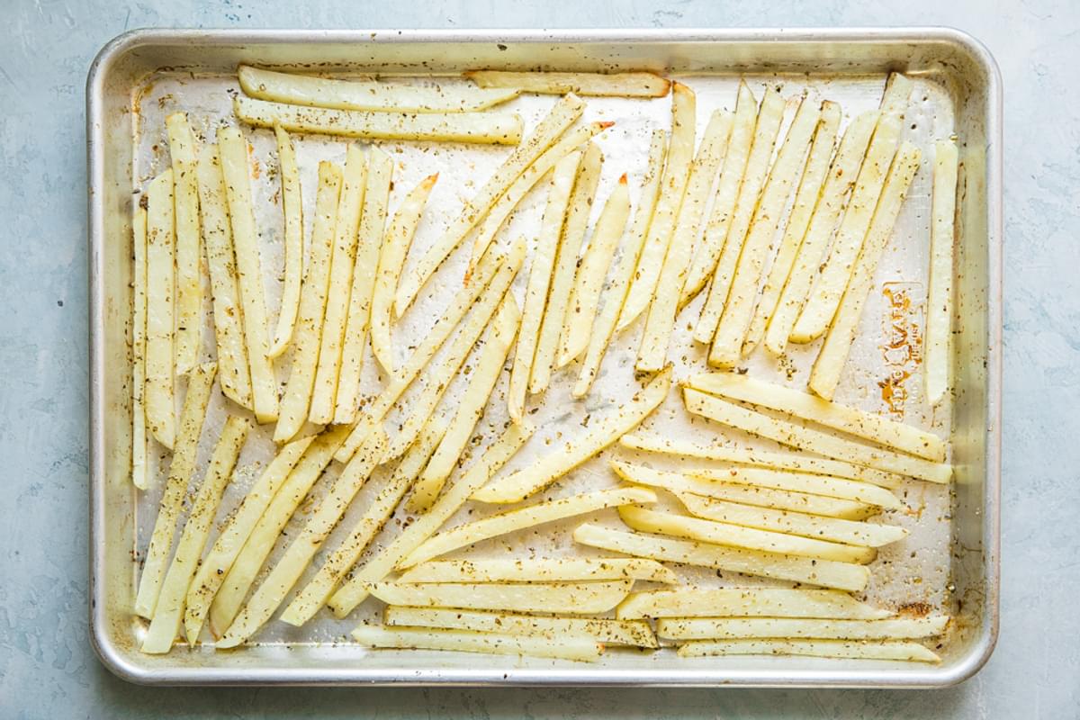 homemade fries on a baking sheet
