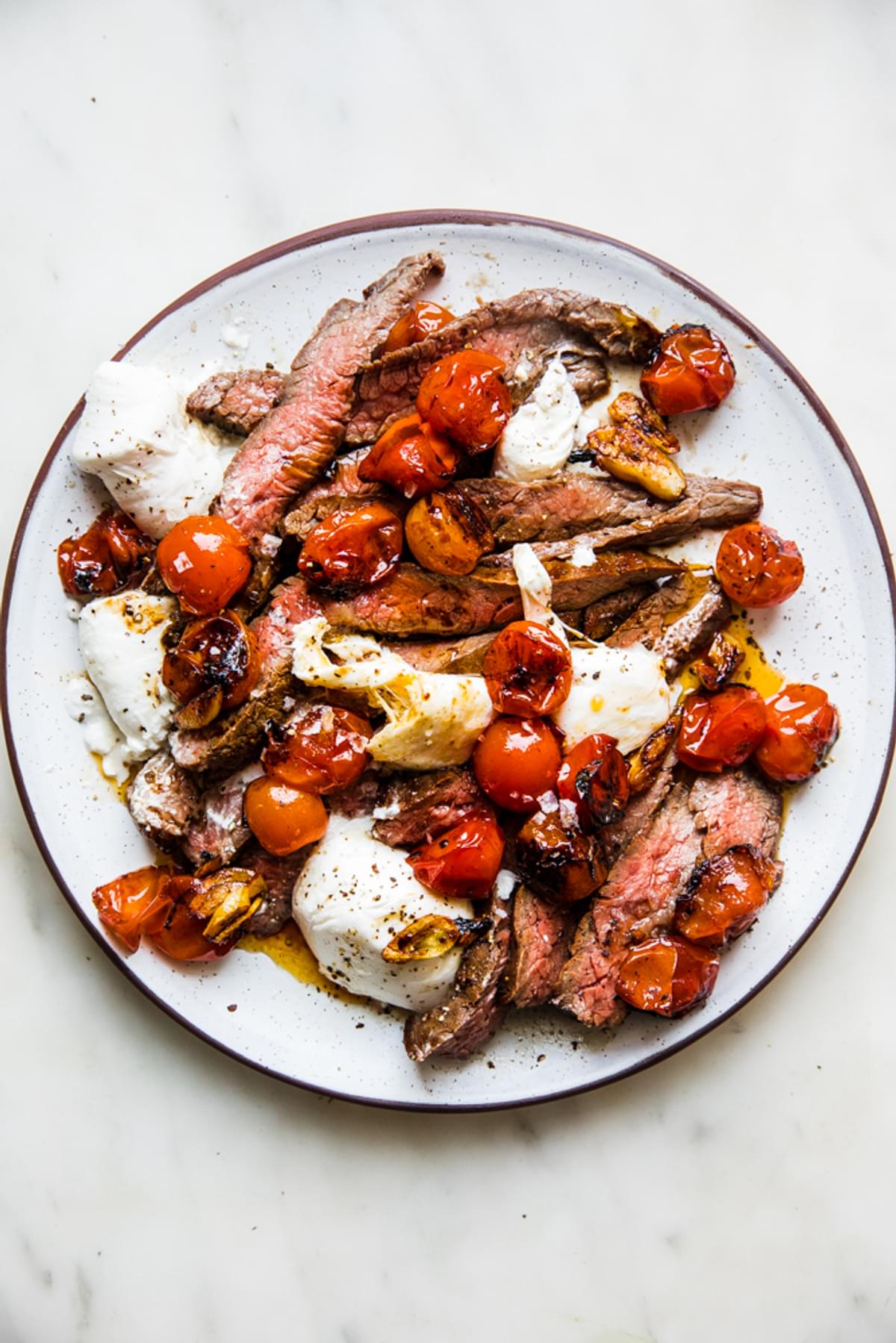 Grilled Skirt Steak with Blistered Tomatoes and burrata