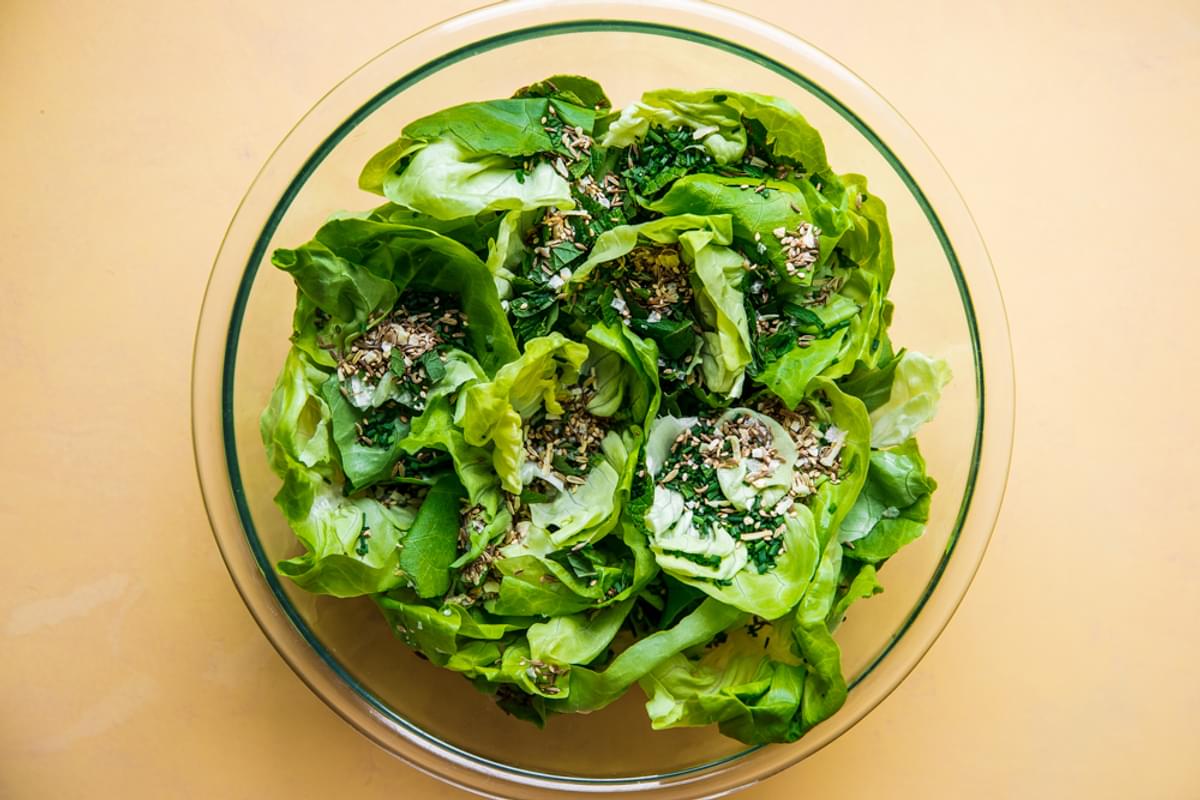 Herby Seedy Butter Lettuce Salad with toasted sesame Tahini Dressing