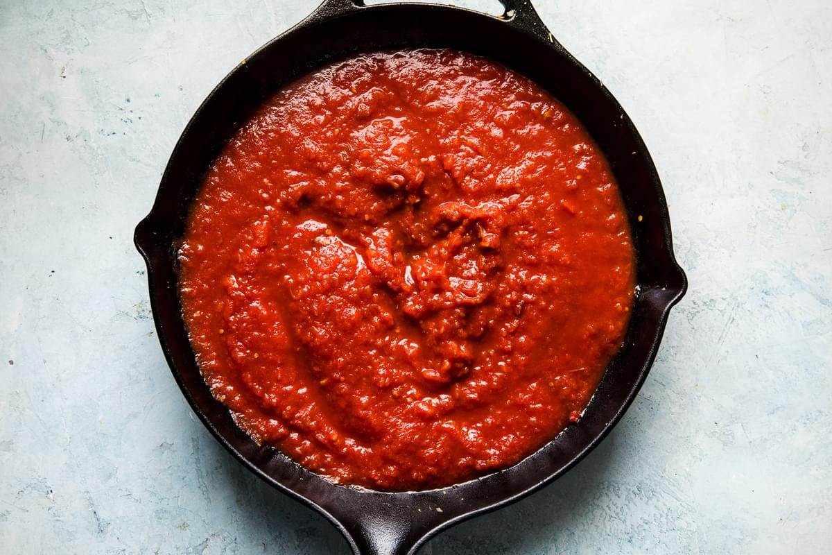 tomato sauce in a cast iron skillet