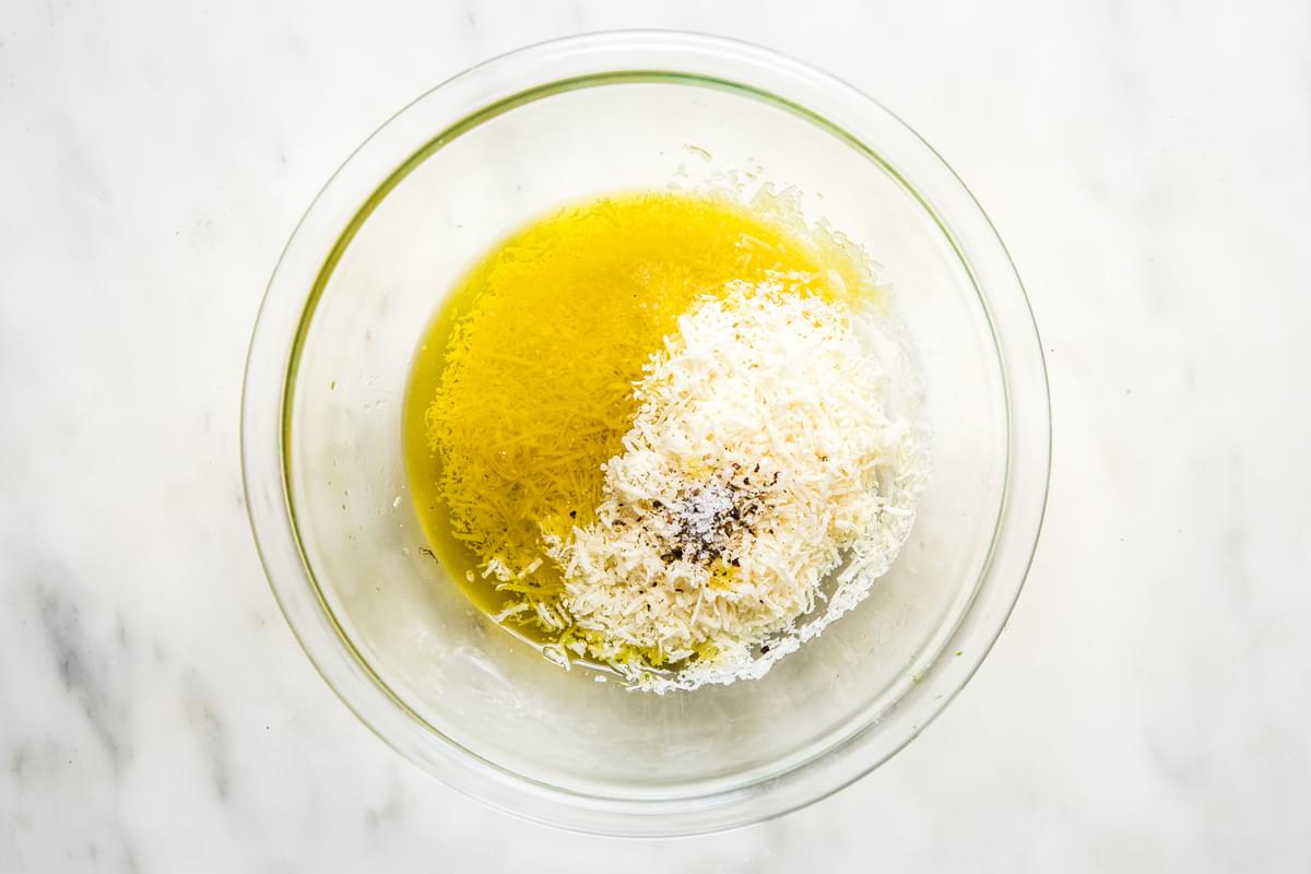 lemon juice, parmesan, olive oil and salt and pepper in a bowl. for salad dressing