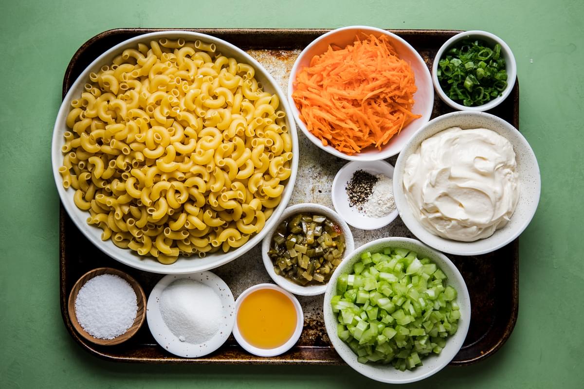 ingredients for macaroni salad pasta, carrots, green onions, celery, mayonnaise, relish, sugar, salt and pepper
