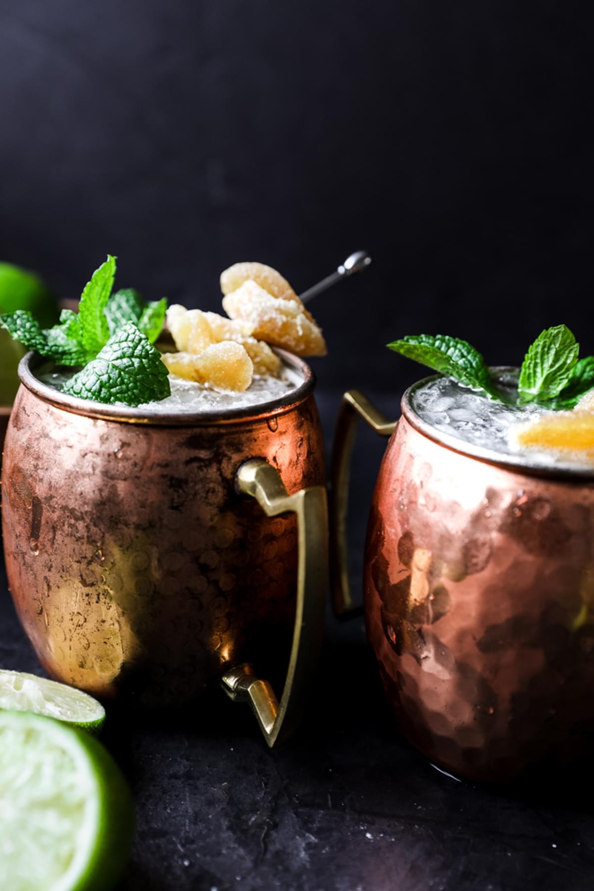 homemade Moscow Mule with ginger, lime and mint in a copper mug.