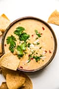 homemade queso dip in a bowl topped with cilantro and diced onion with a chip being dipped into the queso