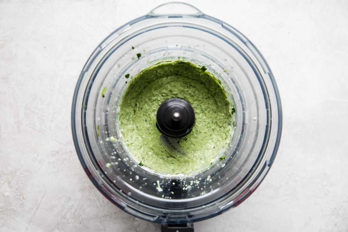 jalapeño cilantro crema blended in a food processor with avocado, sour cream and lime juice.