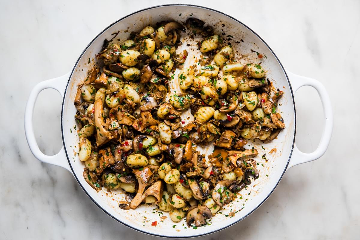 homemade Spicy Gnocchi with Fennel and Mushrooms in a skillet