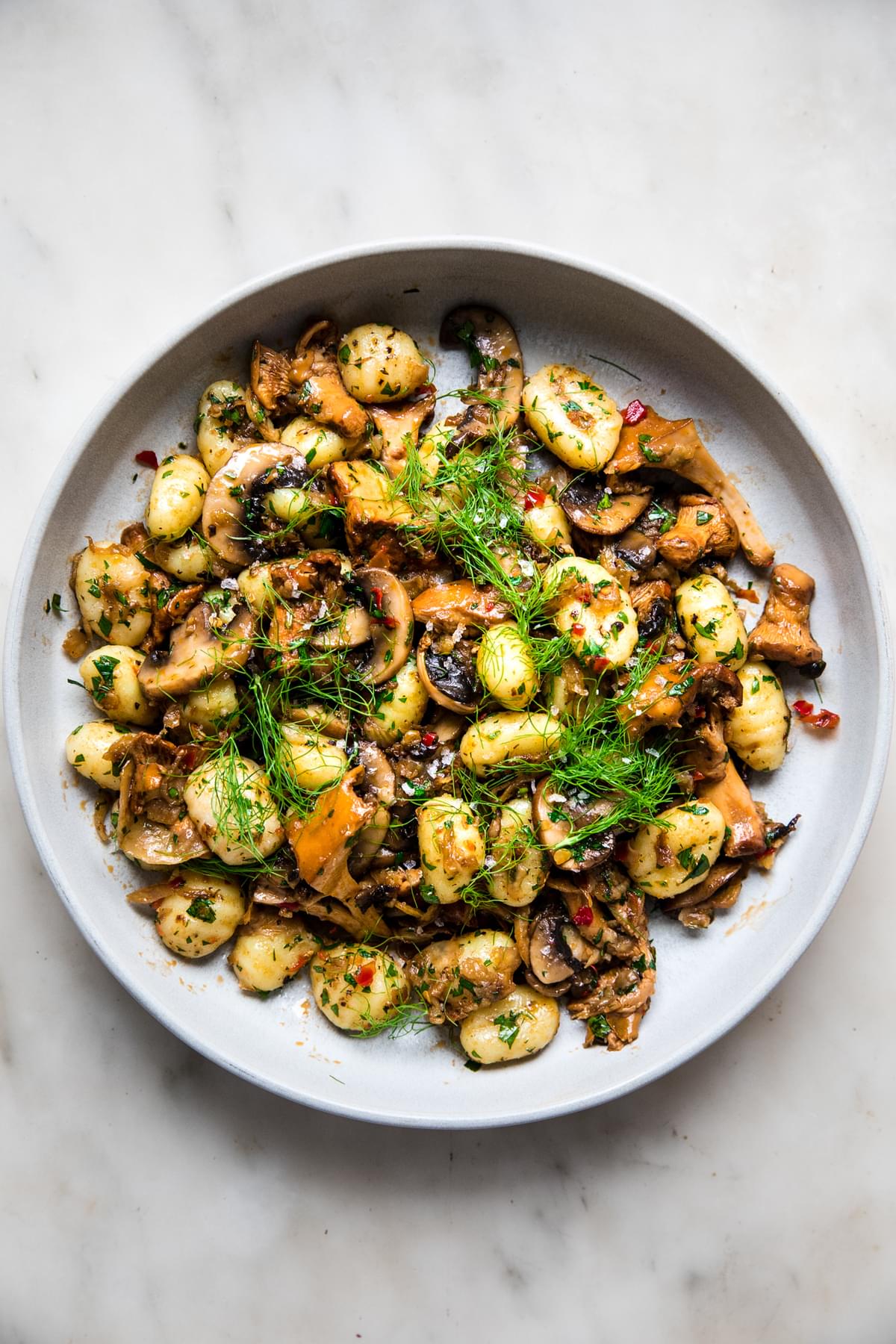 homemade Spicy Gnocchi with Fennel and Mushrooms in a bowl