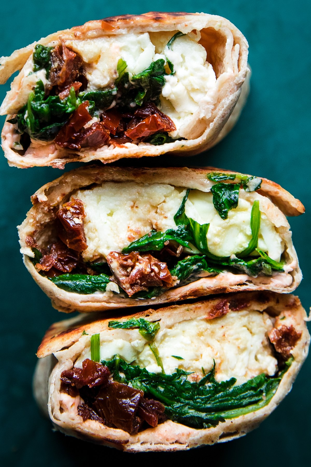 spinach feta wrap with egg whites and sun dried tomatoes and cream cheese
