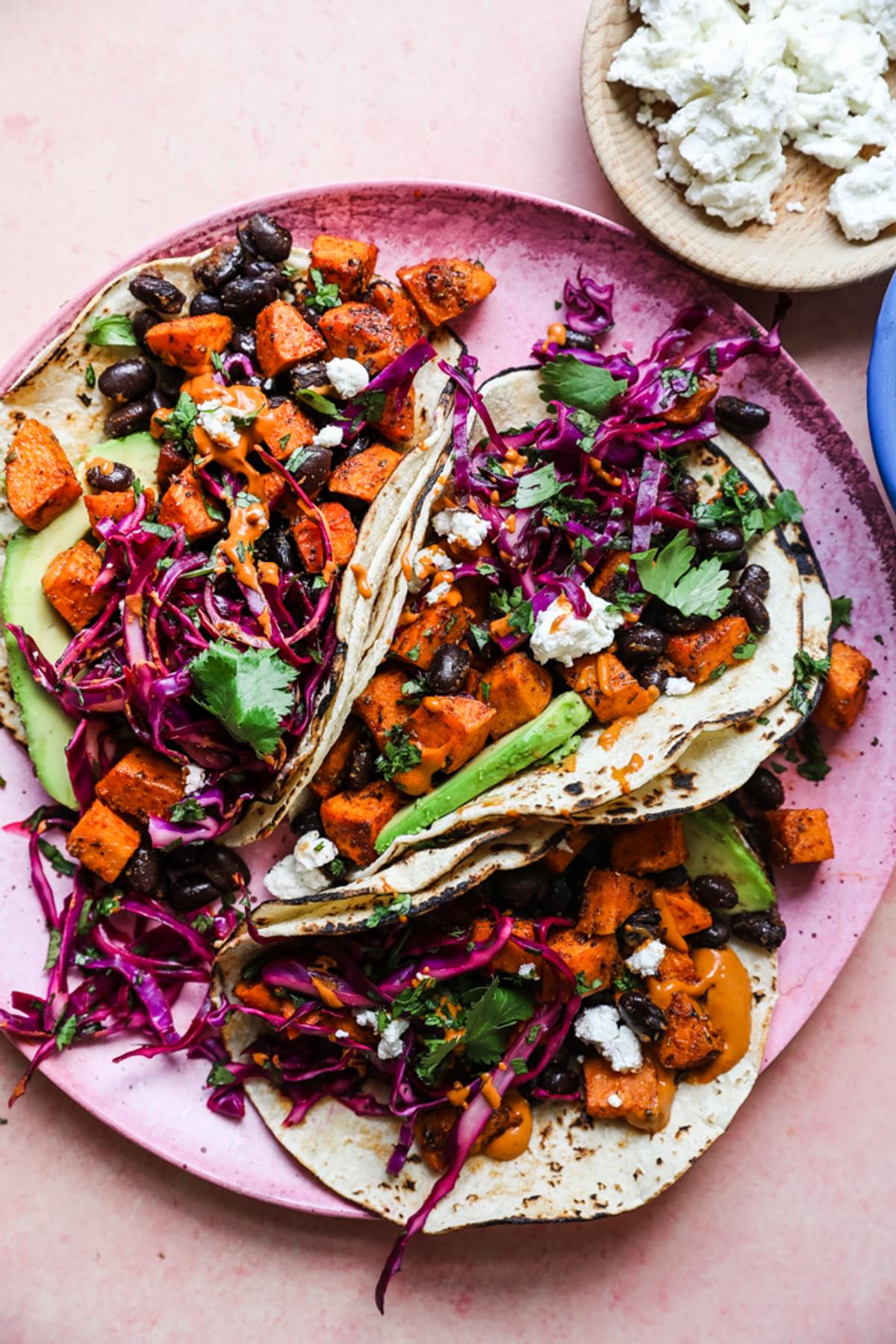 sweet potato tacos with goat cheese, black beans and avocado