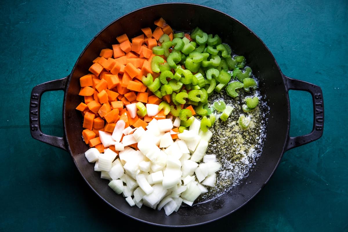 onion, celery and carrots in a skillet