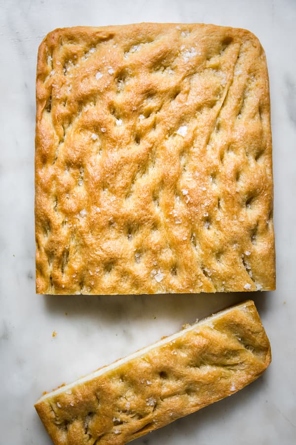 homemade focaccia bread with olive oil and salt
