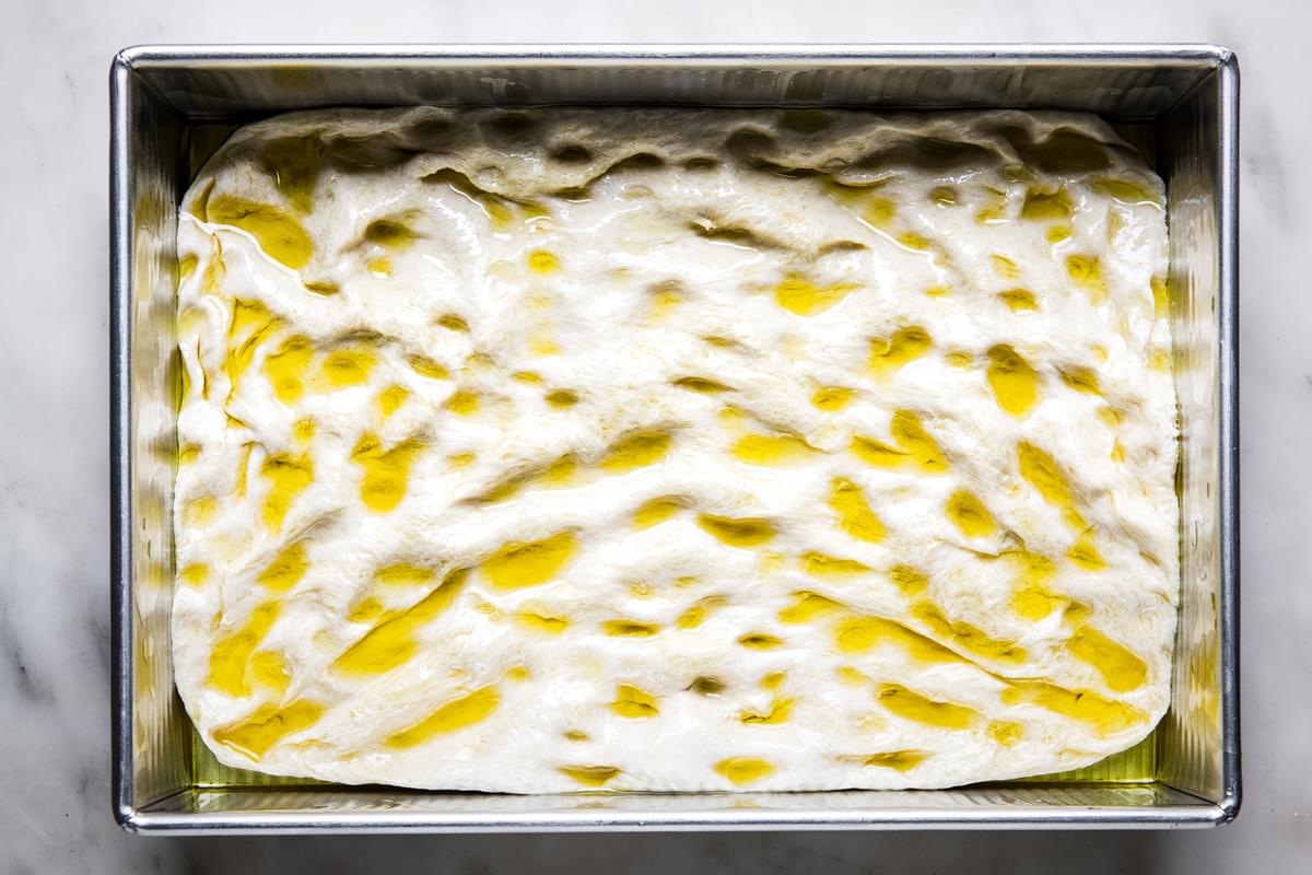 homemade focaccia bread dough dimpled in a baking dish with olive oil