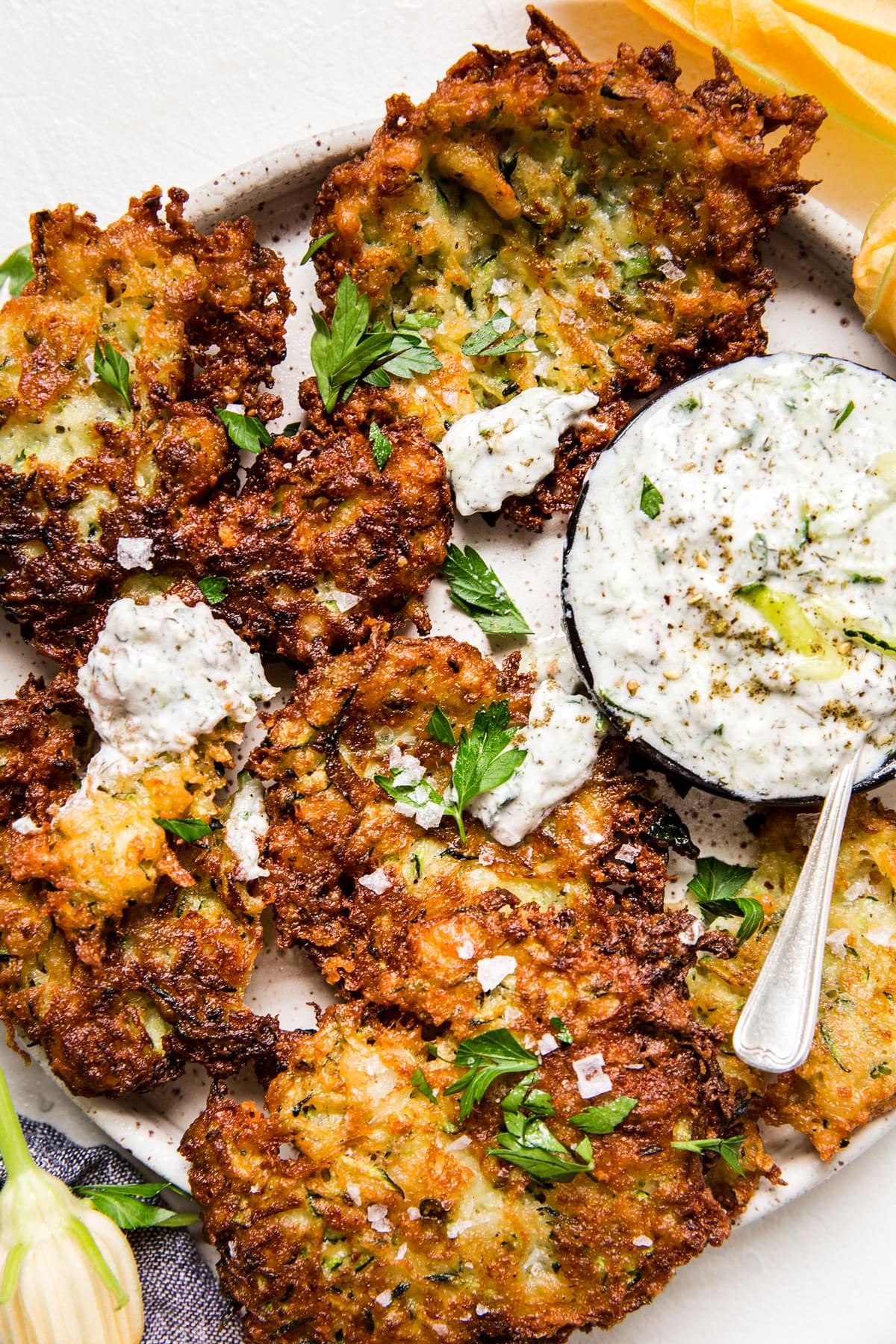 zucchini fritters with tzatziki dipping sauce