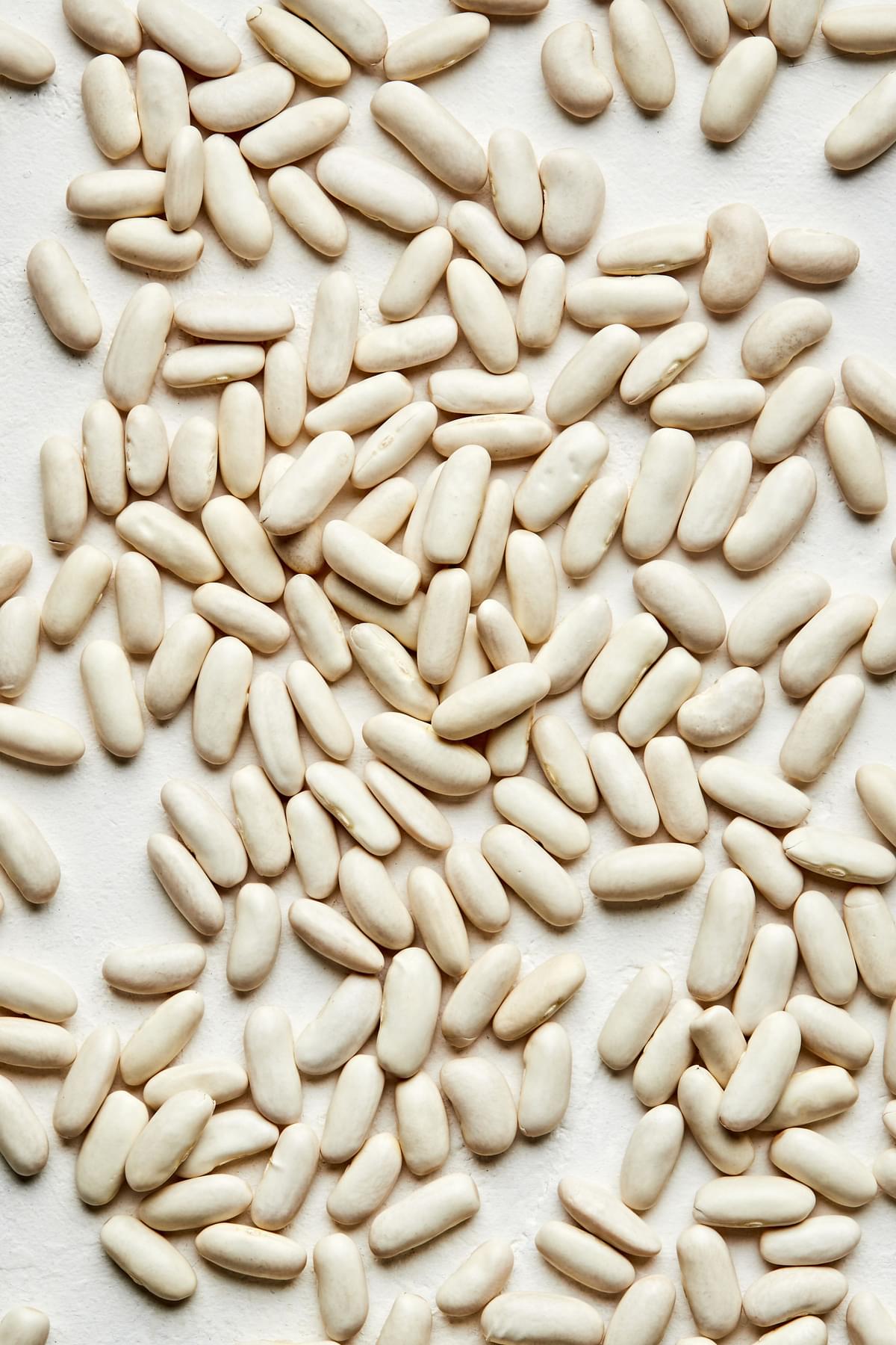 dried cannellini beans spread out on the counter