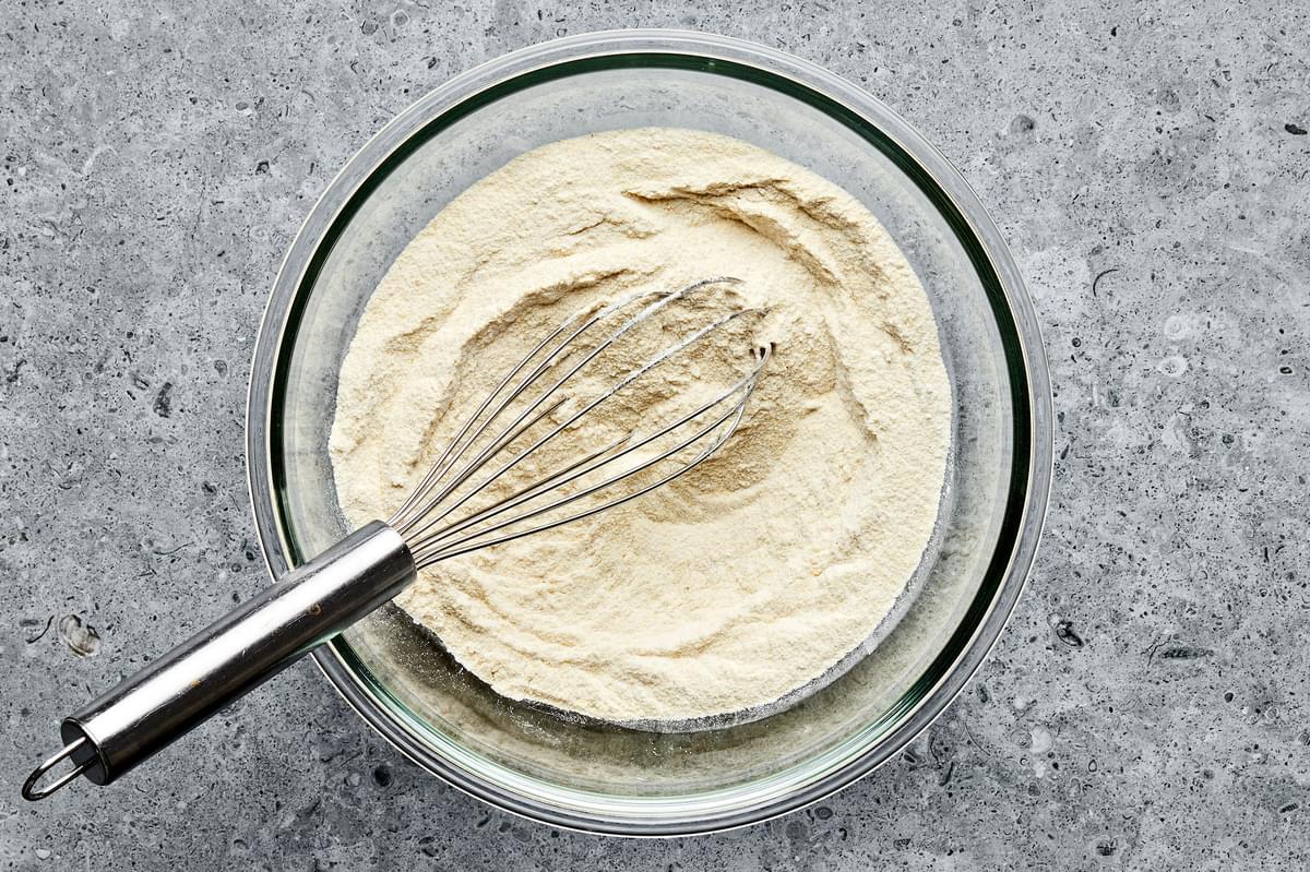 flour, cornmeal, sugar, salt and baking powder whisked together in a large mixing bowl