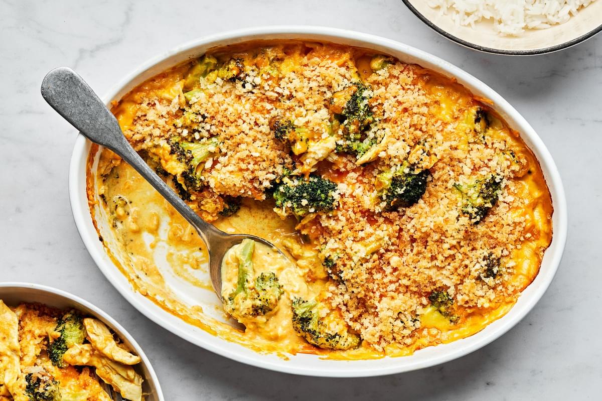 Chicken Divan with broccoli, and cheese in a casserole dish