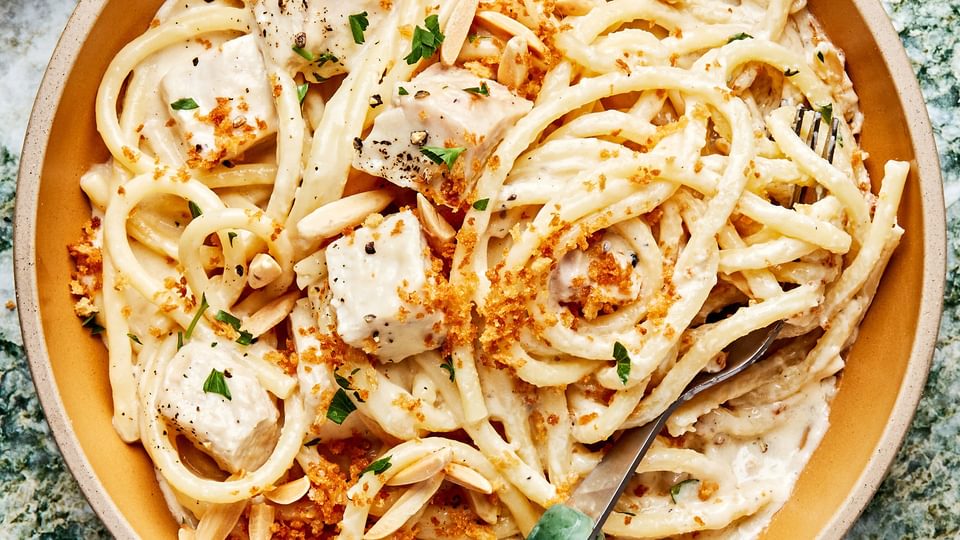 creamy turkey pasta in a bowl made with butter, spices, cream and parmesan