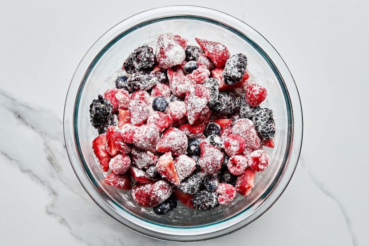 fresh blackberries, blueberries, raspberries and sliced strawberries mixed with with flour, sugar and salt
