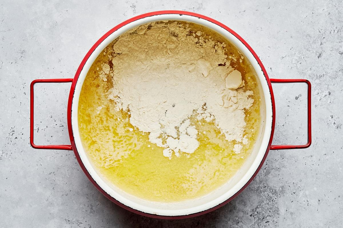 melted butter and flour in a large sauce pan to make gravy for homemade poutine recipe