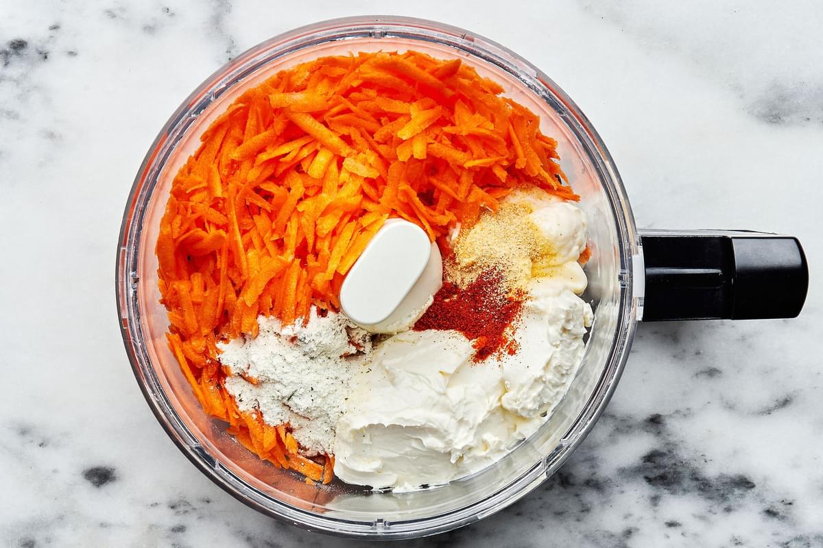 Carrots, Pecans, Cream cheese, Mayo, Ranch seasoning, Garlic powder and Cayenne in a food processor for nutty carrot dip