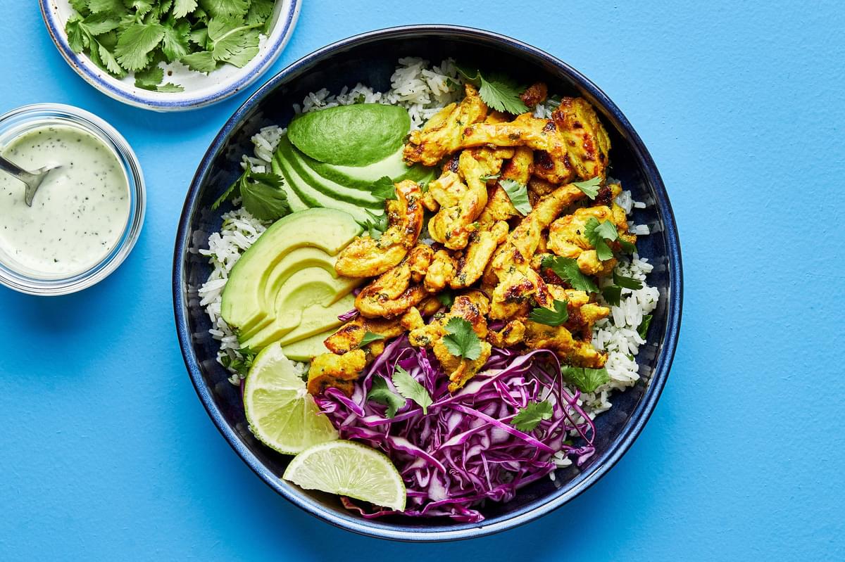 Rice Bowl with Turmeric Ginger Chicken and cilantro ranch
