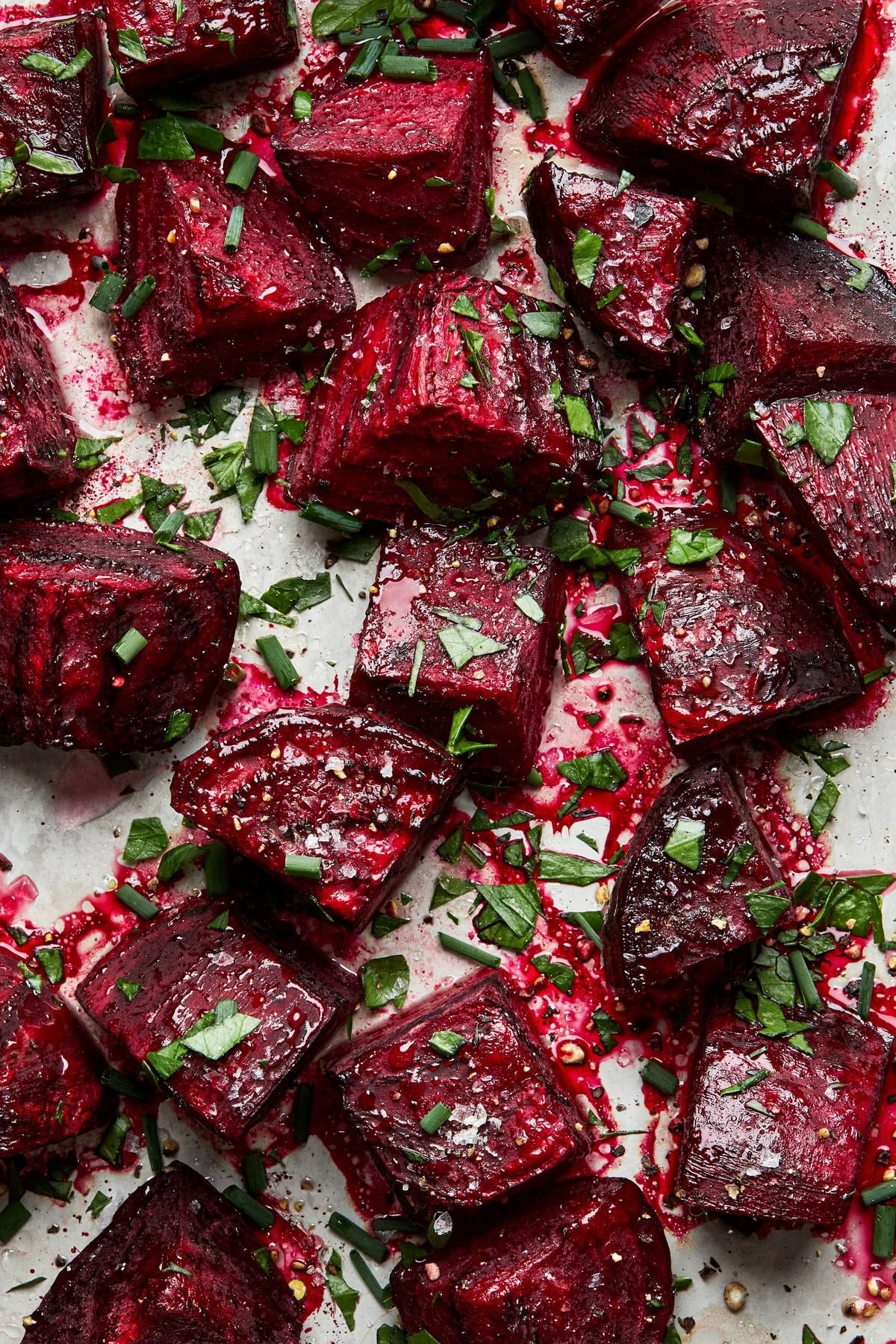 roasted beets tossed with olive oil & salt, roasted until tender then tossed with vinegar, herbs & pepper for serving