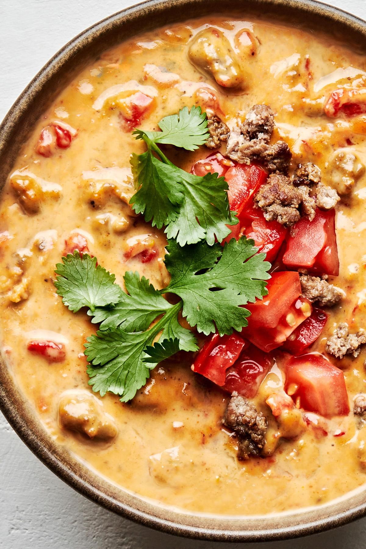 rote dip in a serving bowl made with ground beef, velveeta cheese and rotel tomatoes topped with cilantro and tomatoes