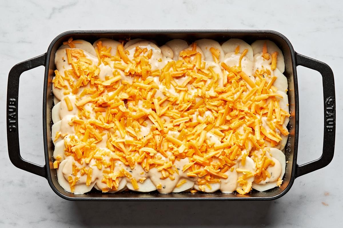 sliced potatoes and sauce layered in a greased casserole dish and topped with shredded cheese to make scalloped potatoes