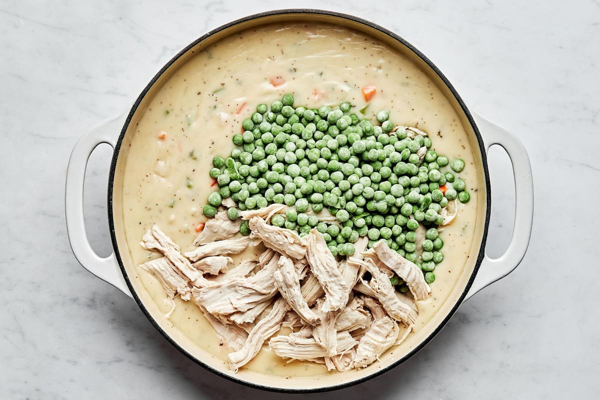 peas and shredded turkey being added to a skillet with homemade pot pie filling