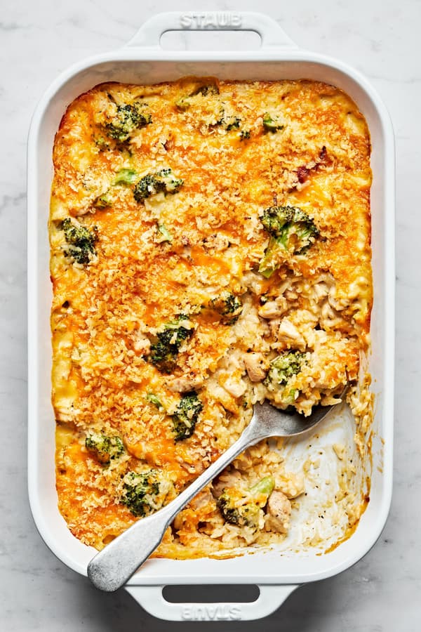 Chicken Broccoli and Rice Casserole in a casserole dish topped with toasted panko breadcrumbs