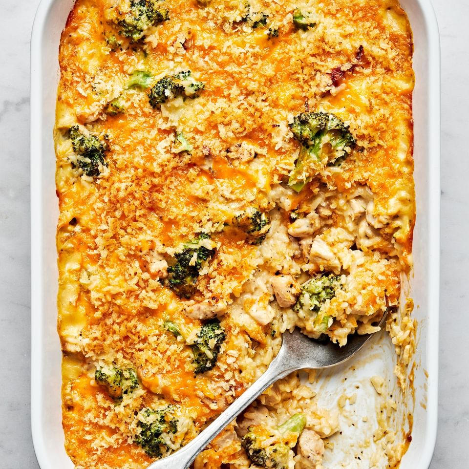 Chicken Broccoli and Rice Casserole in a casserole dish topped with toasted panko breadcrumbs