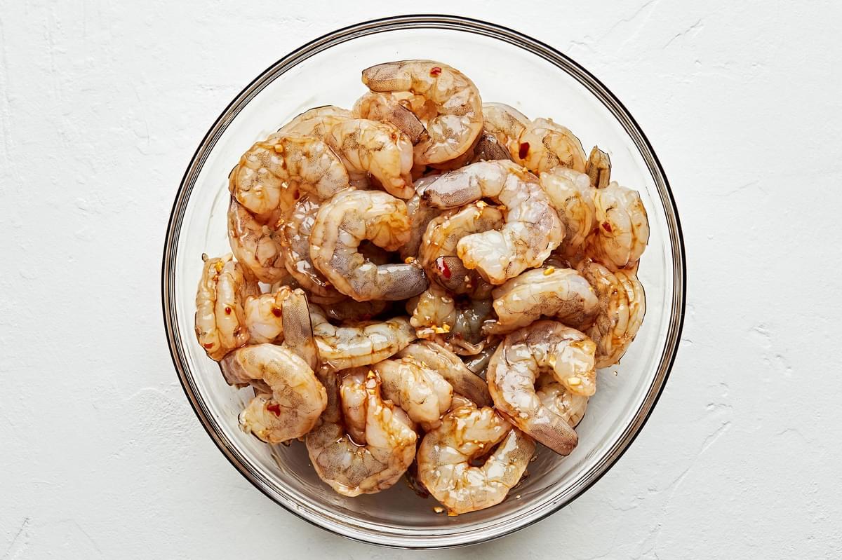 shrimp tossed with oyster sauce, soy sauce, Shaoxing, brown sugar, chili sauce, garlic, ginger & salt