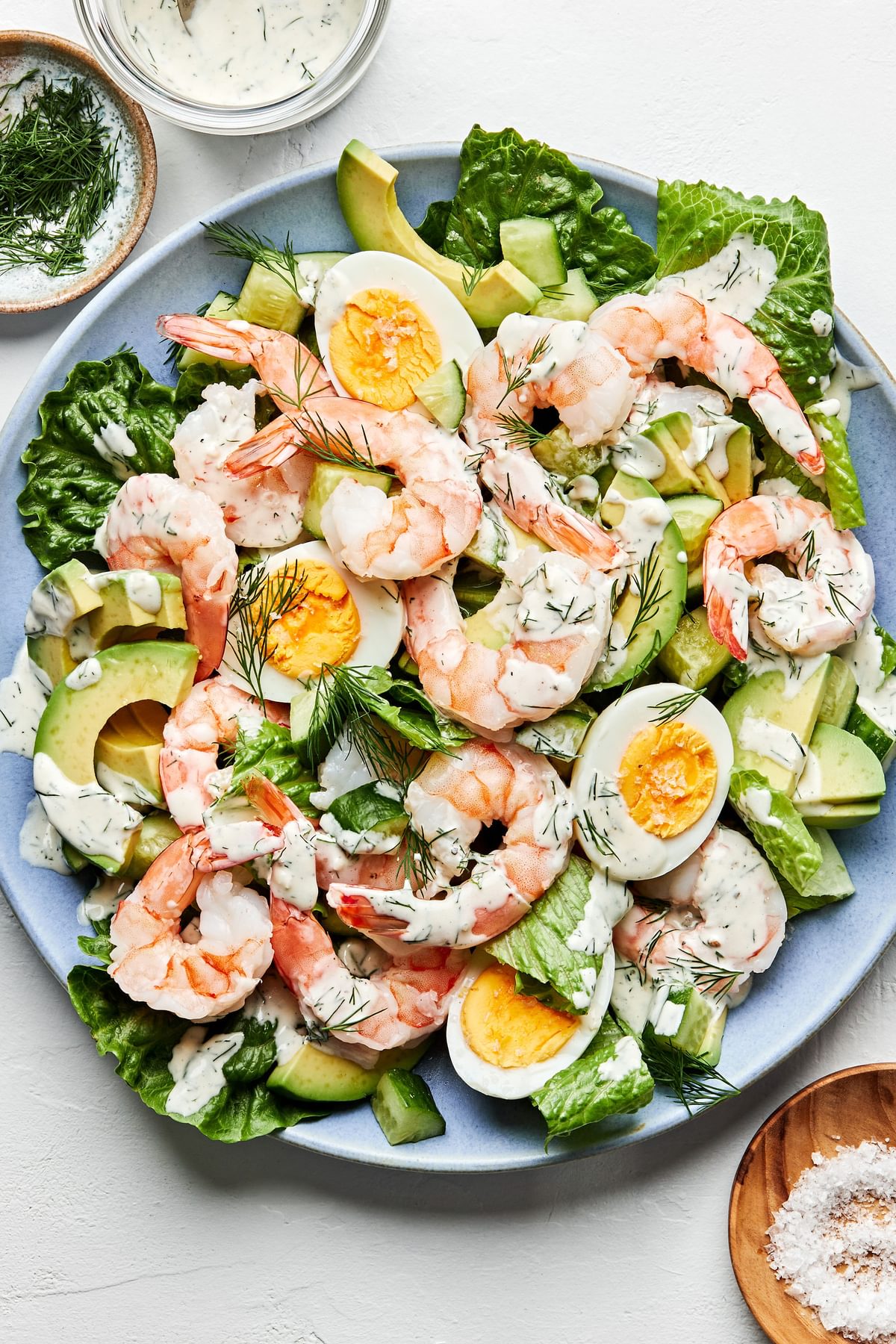 Shrimp and Avocado Salad with Dill Dressing on a platter